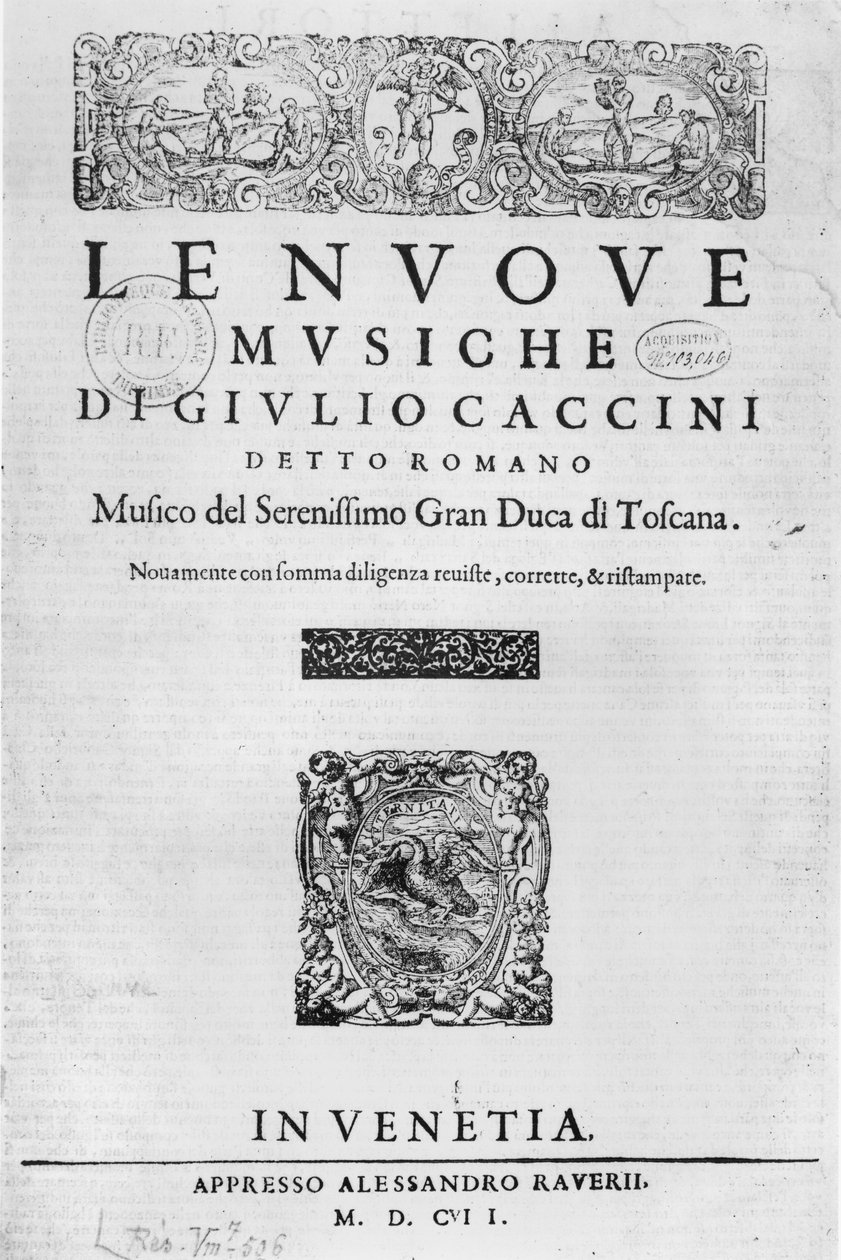 Titelblad till "Nouve Musiche" av Giulio Caccini (ca 1550-1615) 1602 av Italian School