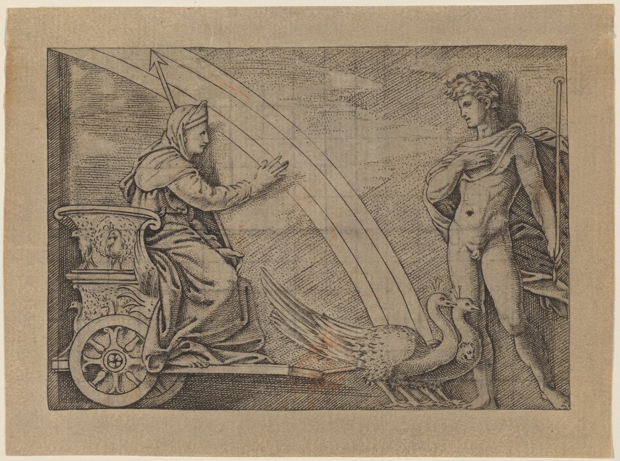 Juno i en vagn dragen av påfåglar av Italian 16th Century