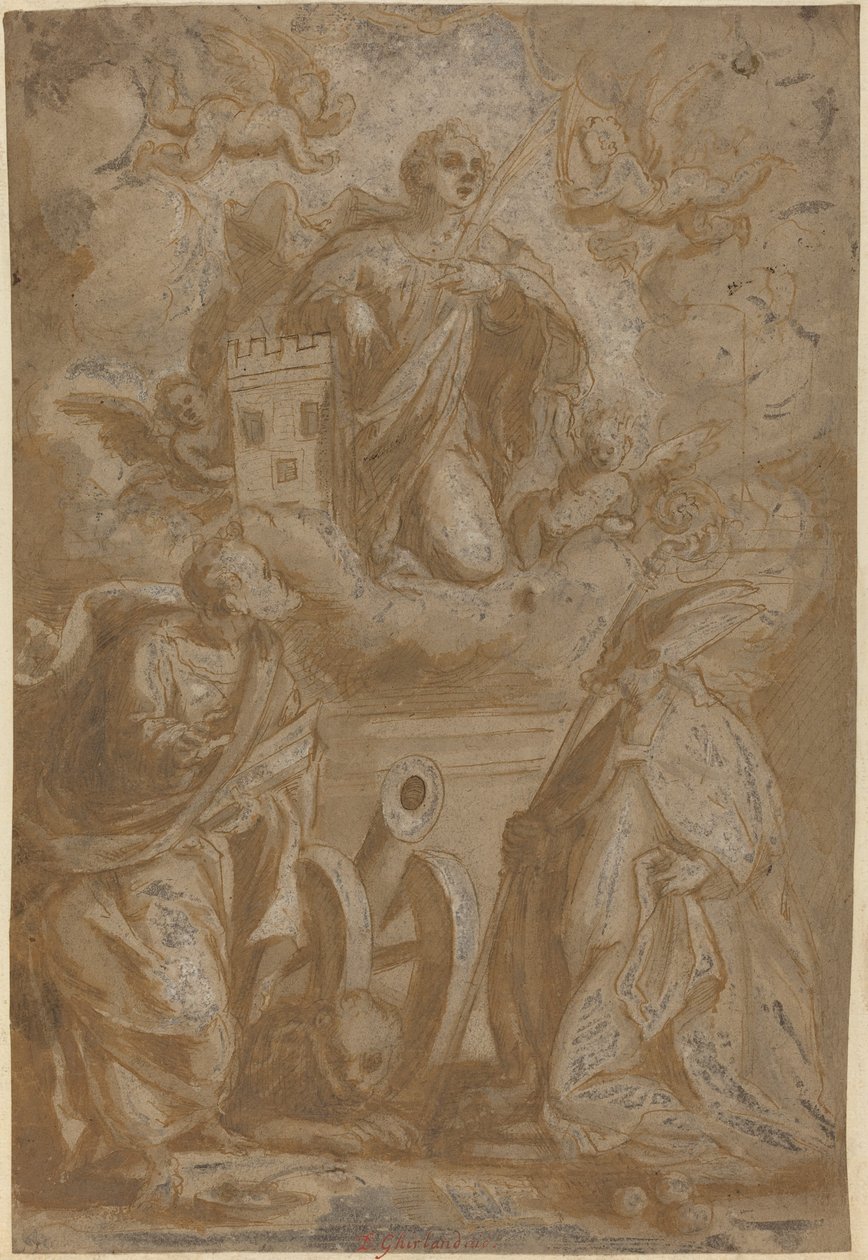 Saint Barbara in Glory med Saints Nicholas och Hieronymus av Italian 16th Century
