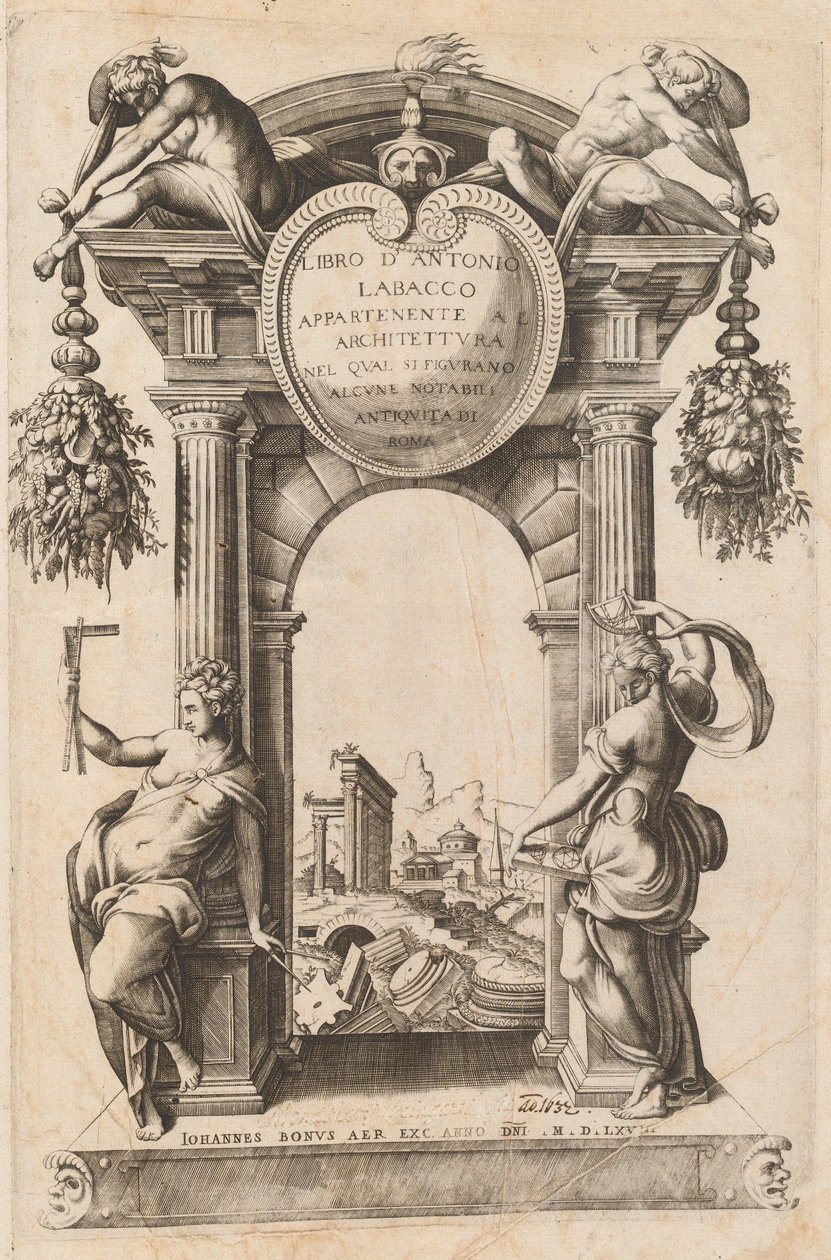 Bok som tillhör arkitekturen [Titelsida] av Italian 16th Century, after Antonio Labacco, published by Giovanni Boni