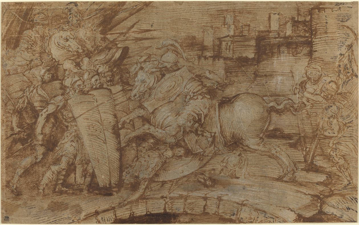 Horatius Cocles försvarar Rom av Italian 16th Century or Master of the Victoria and Albert Diableries