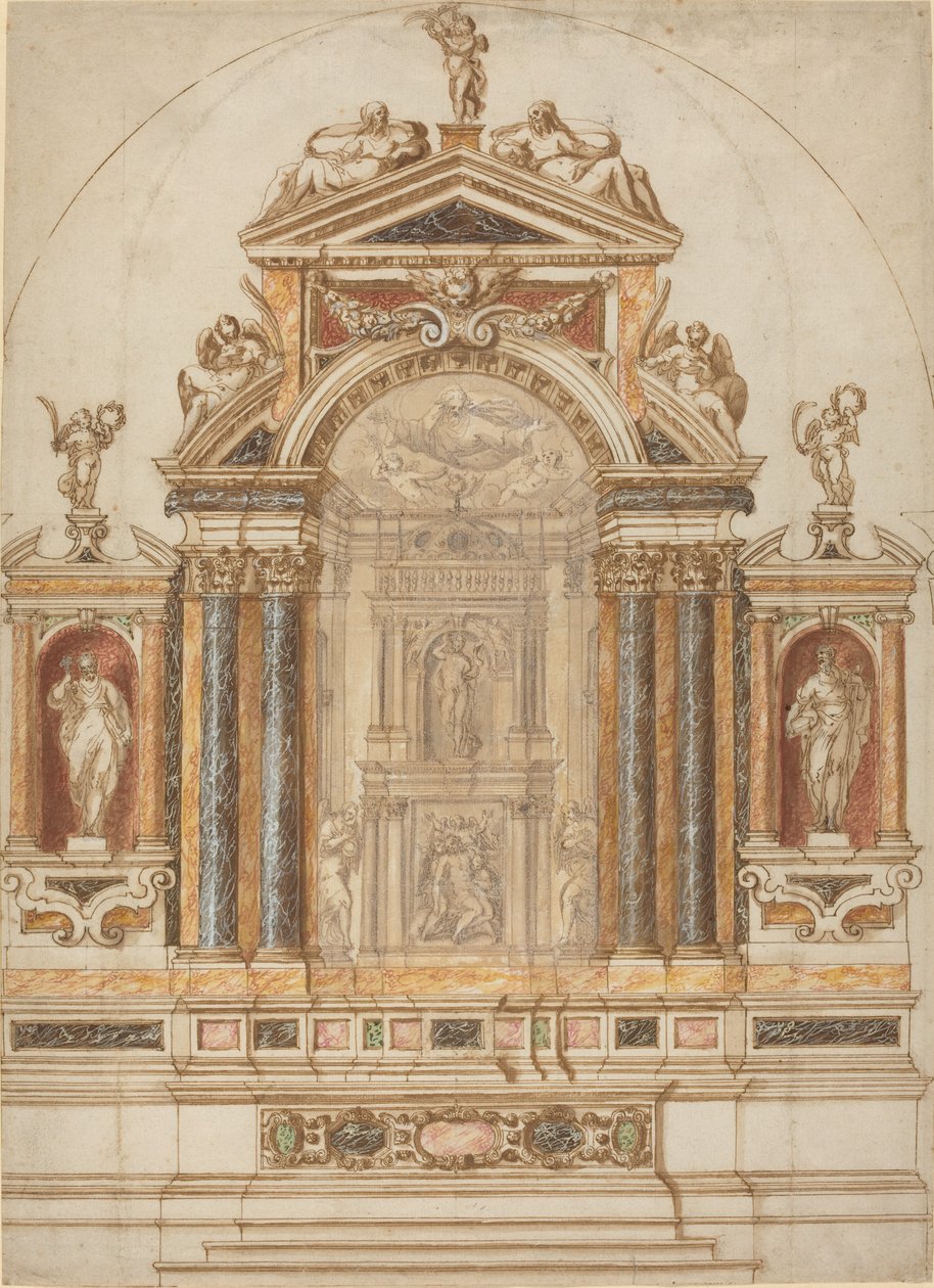 Ett utarbetat altare av färgad marmor prydd med skulpturer av Italian 17th Century