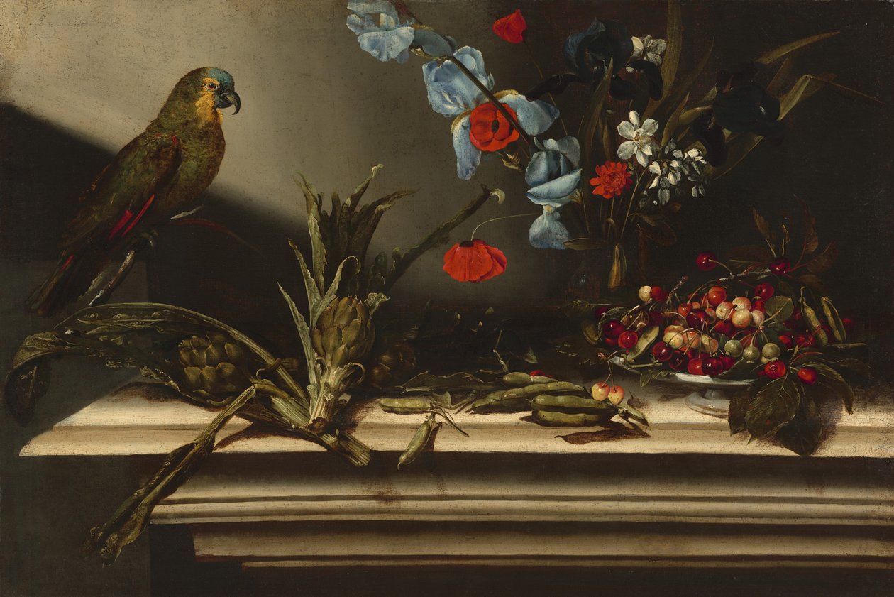 Stilleben med kronärtskockor och en papegoja av Italian 17th Century
