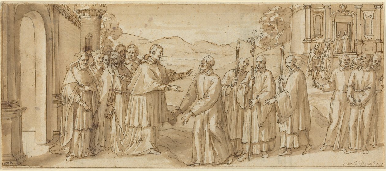 Mötet mellan San Carlo Borromeo och San Filippo Neri av Italian 17th Century