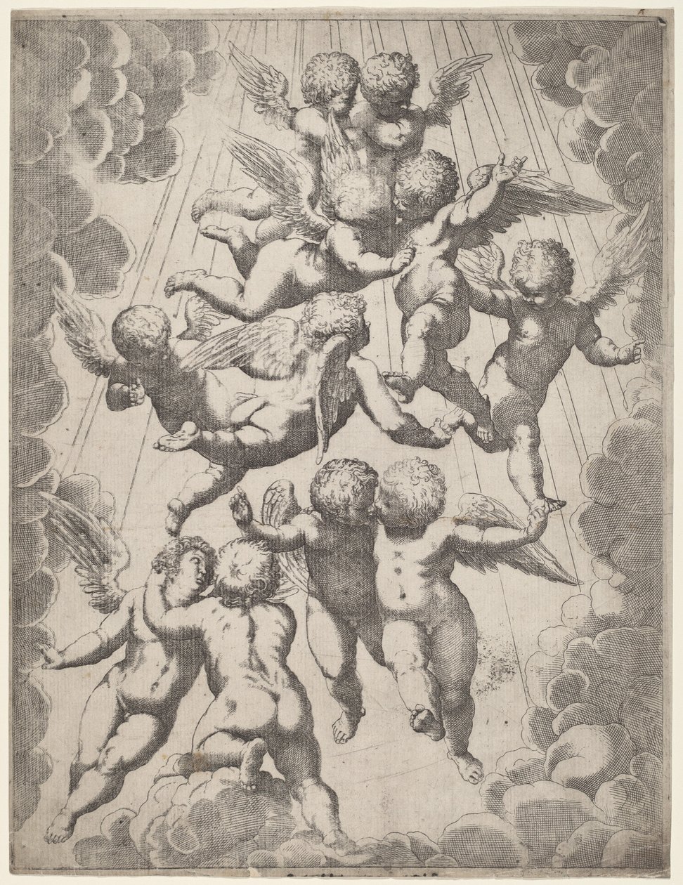 En grupp änglar i ära av Italian 17th Century, after Guido Reni, after Luca Cambiaso