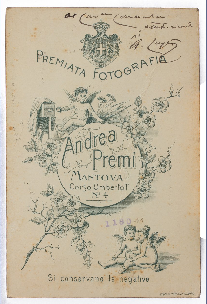Baksidan av vykortet som porträtterar målaren Albano Lugli av Italian Photographer