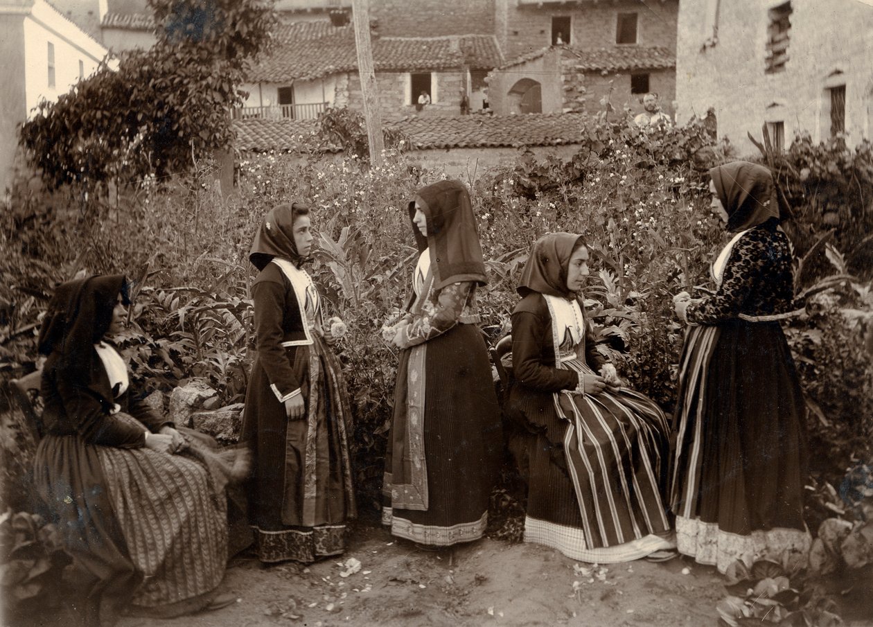 Grupp av kvinnor i traditionella dräkter i trädgård, Sardinien, Italien av Italian Photographer