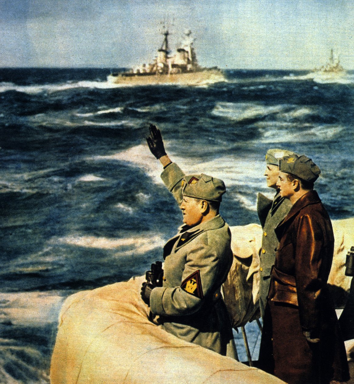 Mussolinis resa till Libyen. Duce granskar den italienska flottan. 1926. Färgsprakande fotografi. av Italian Photographer