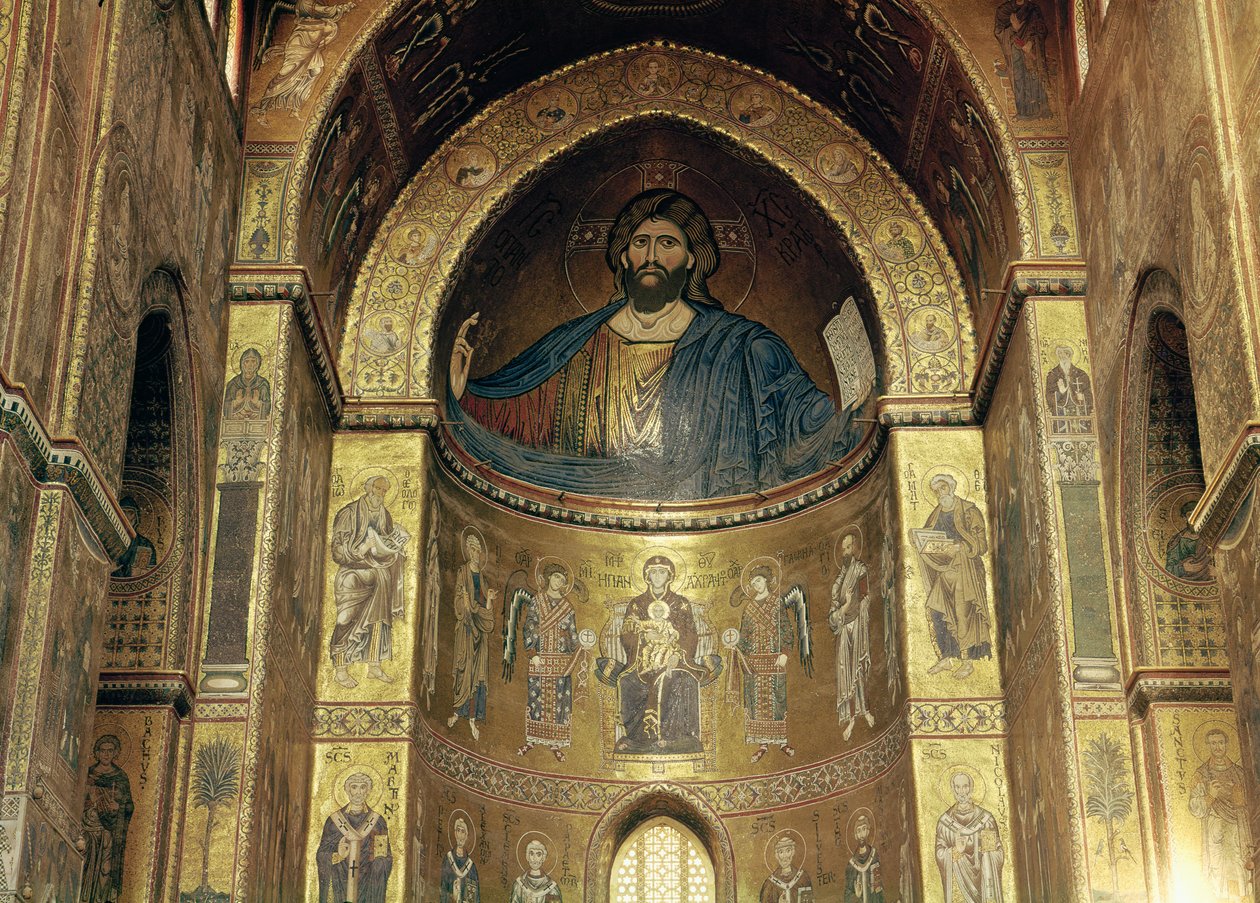 (TtoB) Kristus Pantokrator; Jungfru och barn med änglar och apostlar, från huvudapsiden, 1100-1200-talet (mosaik) av Italian School