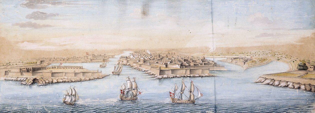 En fågelperspektiv av Valetta från havet, med Men-o-War som kommer in i hamnen, av Italian School