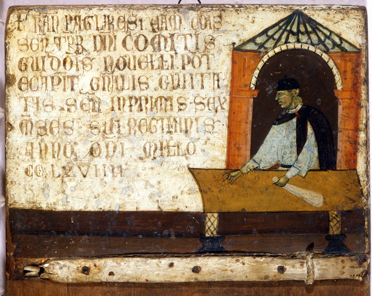 En Camerlingual, som representerar betalningen av skatter. Biccherna (omslag till Sienas räkenskapsregister) från 1270. Nationalarkiv - Museo delle Tavolette de Biccherna, Siena. av Italian School