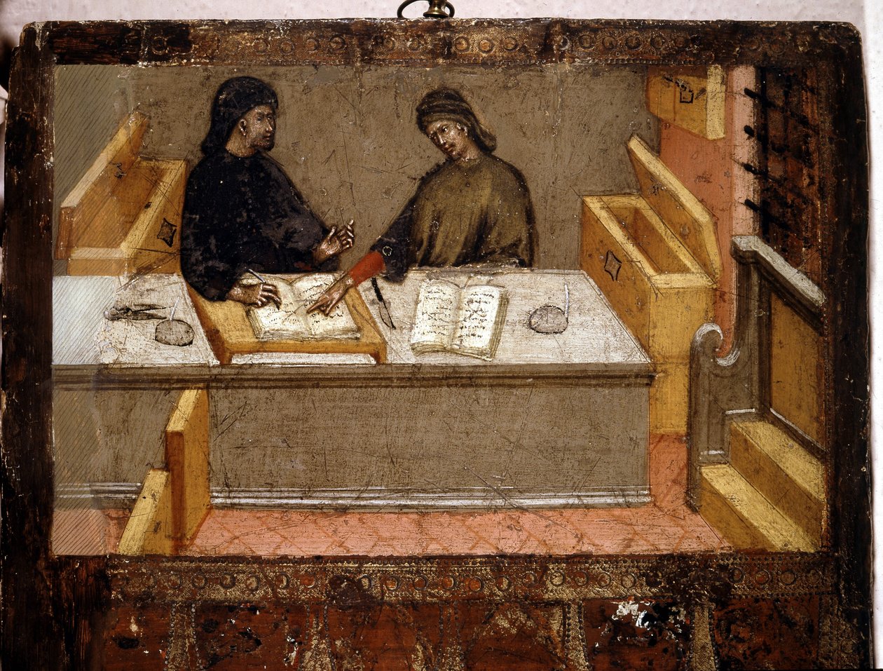En kameralingvist och en skatteindrivare på kontoret, Biccherna (omslag till bokföringsregistret för staden Siena) från 1394. Nationalarkiv - Museo delle Tavolette de Bicherna, Siena. av Italian School