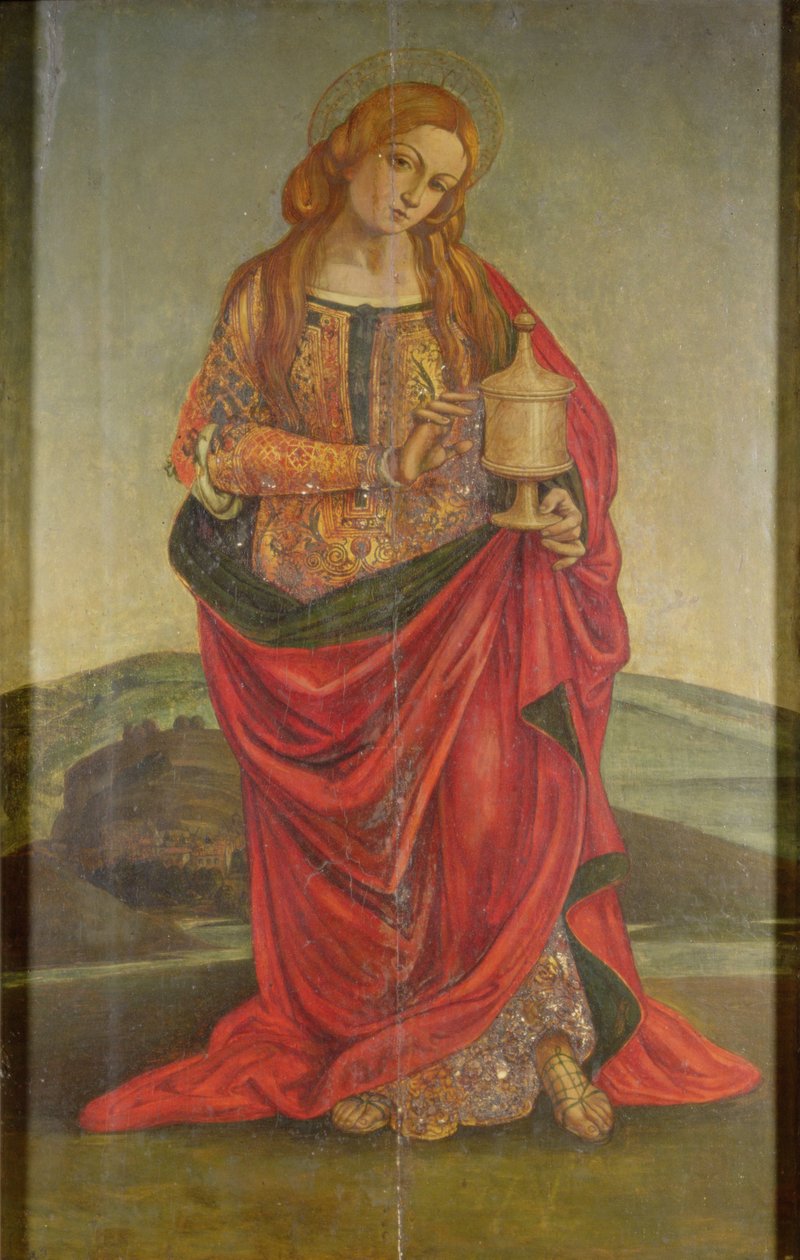En kvinnlig helgon med en kalk, möjligen Maria Magdalena, förmodligen 1500-talet (panel) av Italian School
