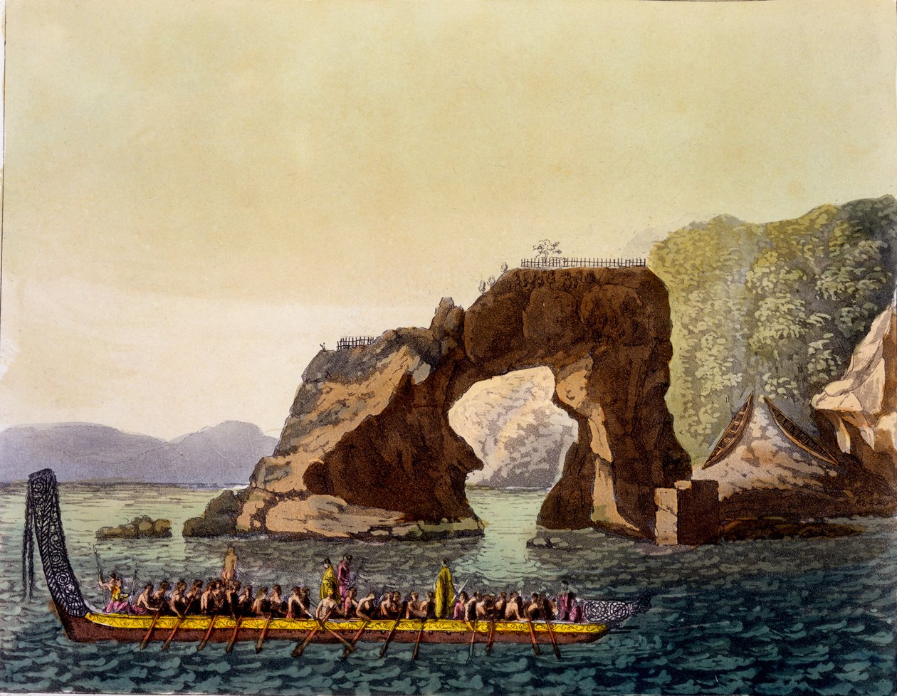 En Maori-befäst utsiktsplats i Nya Zeeland, kombinerad med Maori War Canoe, 1820-30-tal (handfärgad akvatint) av Italian School