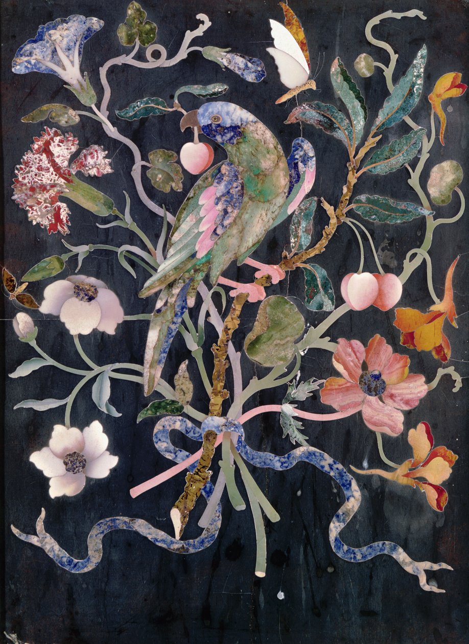 En parakit i en bukett (pietra dura) av Italian School