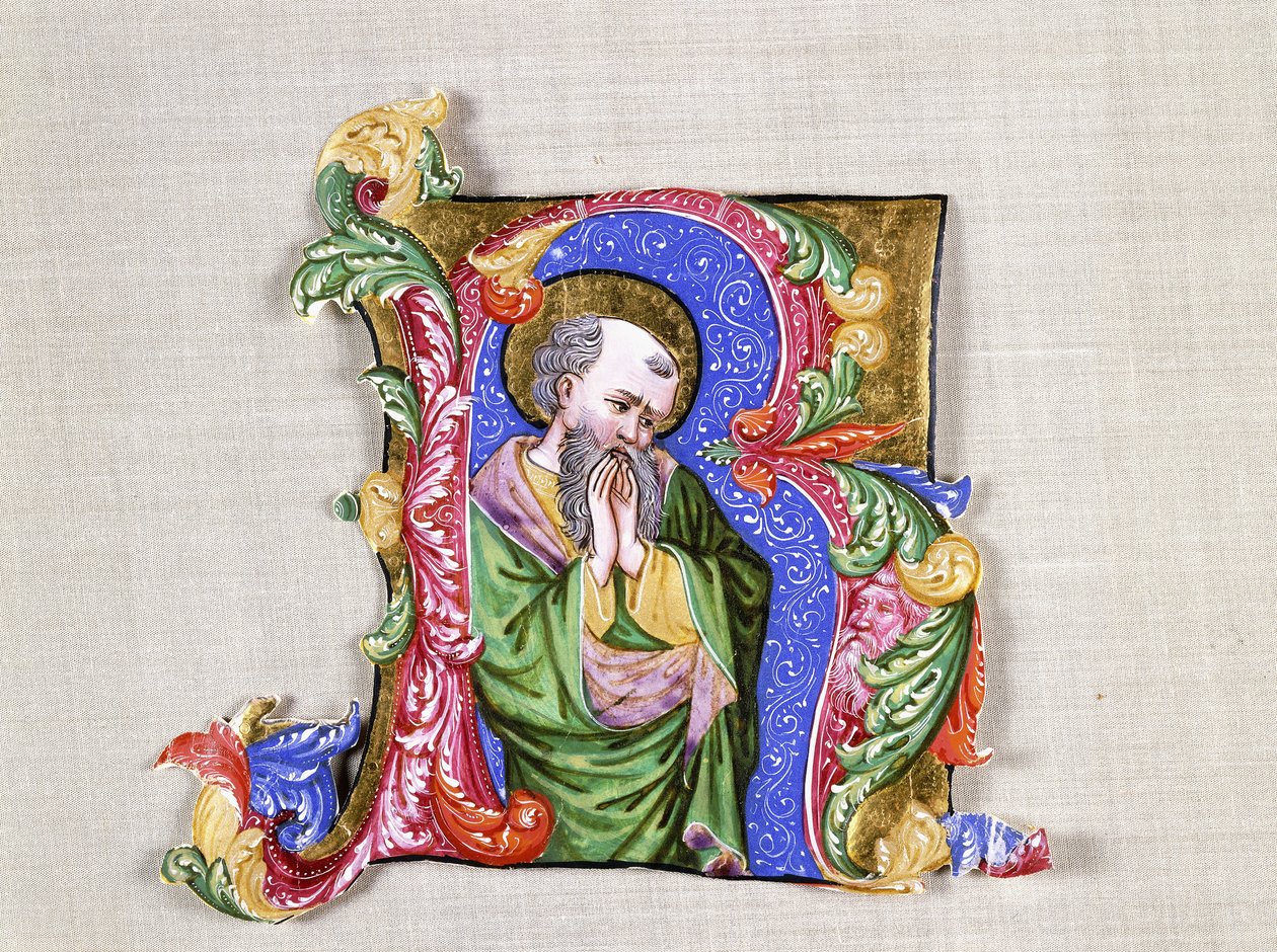 A Praying Saint, en stor historisk initial R, ca 1400 (historierad initial, klippt från en antifonal på veläng) av Italian School