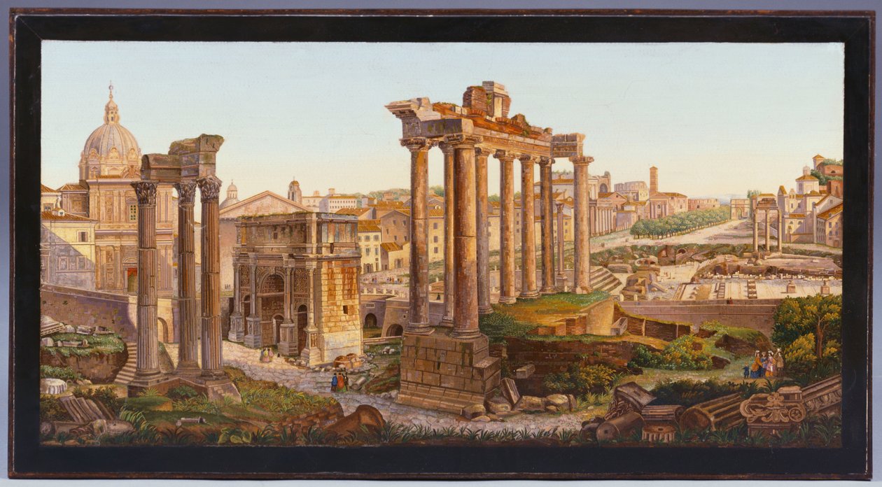 En romersk mikromosaikbordsskiva inlagd med figurer före Castor- och Polluxtemplen i Forum Romanum av Italian School