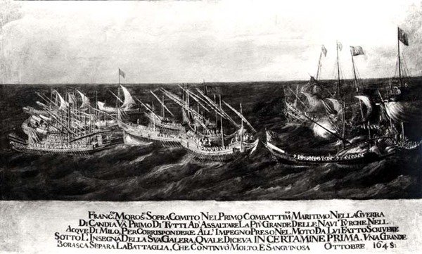 Ett sjöslag mellan den venetianska flottan under general Francesco Morosini (1618-94) mot turkarna utanför Kretas kust, oktober 1645 (olja på duk) (svartvitt foto) av Italian School