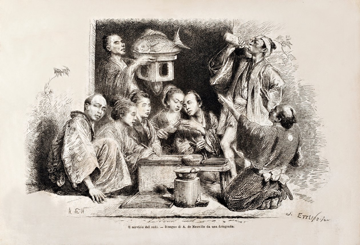 A Small Party Drinking Sake, från den italienska upplagan av Tour du Monde, 1869 av Italian School