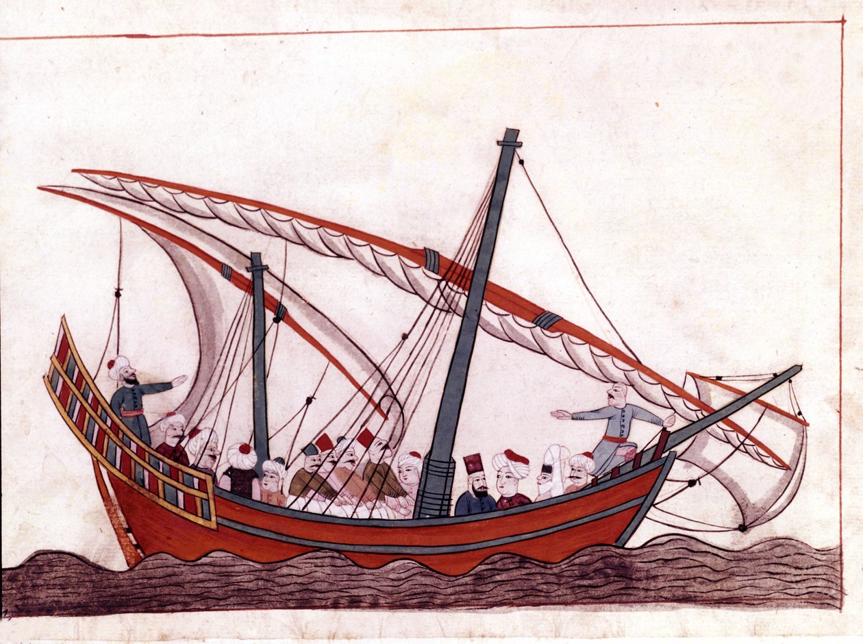 En turkisk båt. Miniatyr från "" Turkish Memorials"" (codex Cicogna 1971 "Memorie Turchesche") Akvarell från 1600-talets venetianska skola. av Italian School