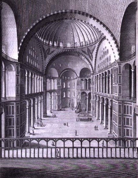 En vy av insidan av moskén Santa Sophia i Konstantinopel tagen 1786, graverad av Domenico Pronti (fl.1788-1815) 1788 (gravyr) av Italian School
