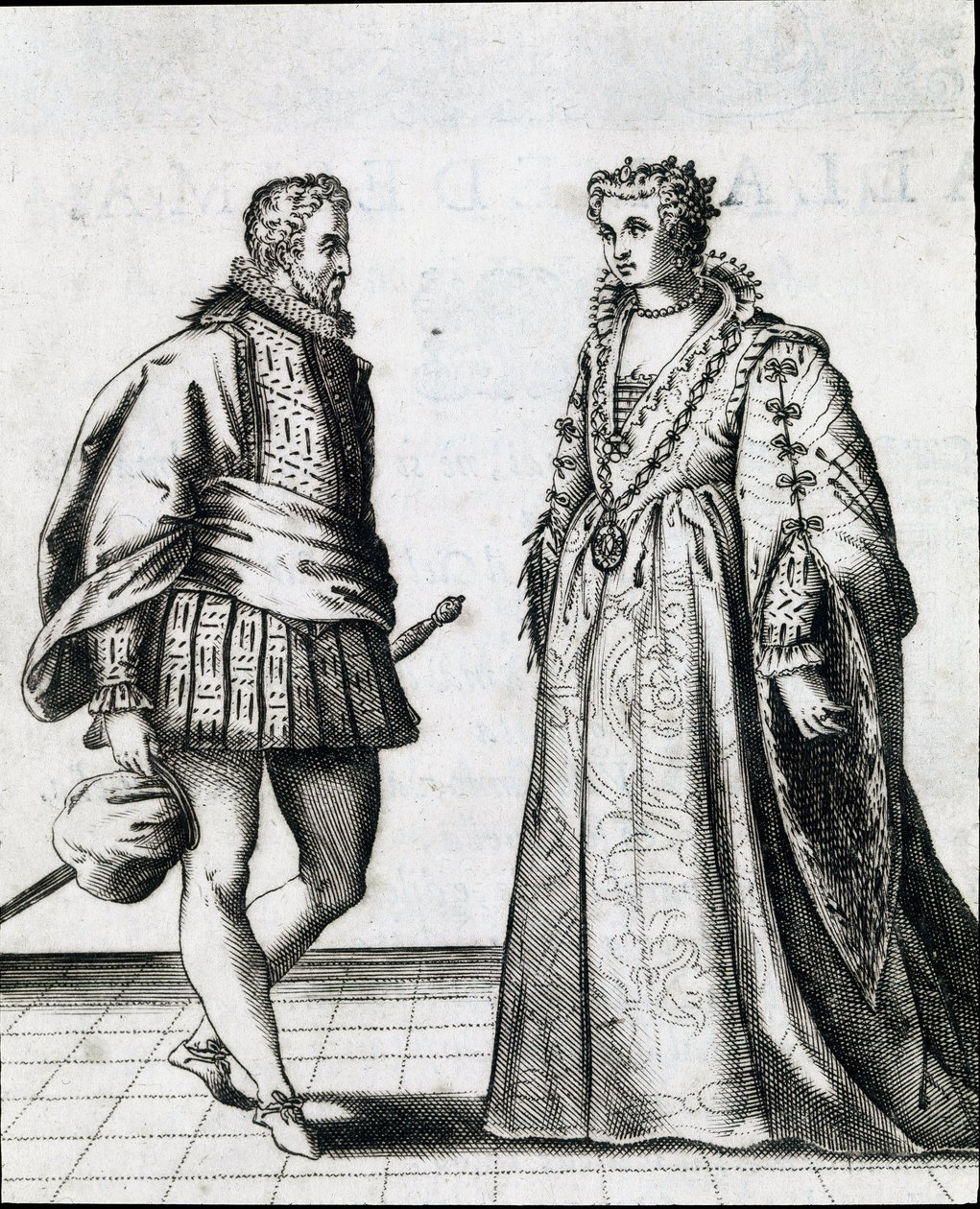 Ett par italienska adeln. Gravyr från "" Il ballarino "" (eller Il dancer) handlar om dansen av dansmästaren Fabritio Caroso (1527 / 1535-1605 / 1620) 1581. Civic Museum Biblioteca Musicale, Bologna av Italian School