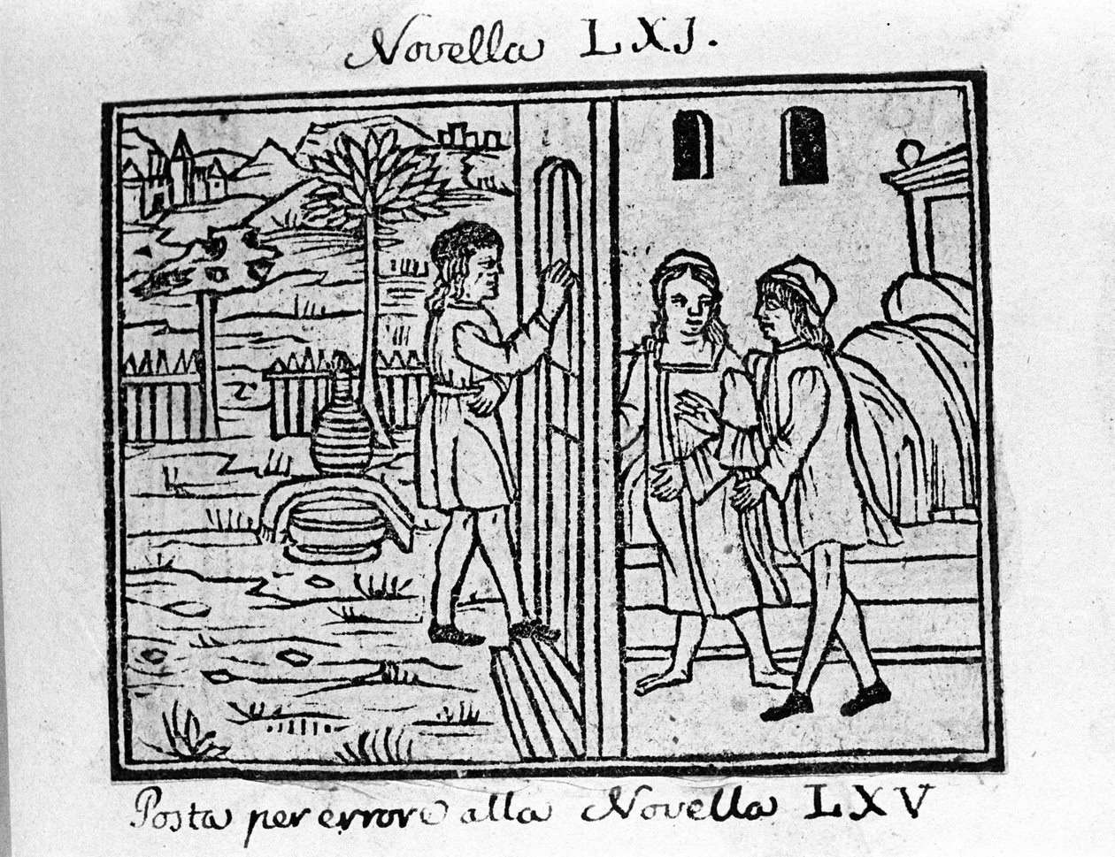 Ett par vill knacka på deras dörr. Illustration för nyheterna 61 (Nyheter 1 av den 7:e dagen) av "Decameron"" av Giovanni Boccaccio dit Jean Boccaccio (1313-1375), italiensk författare. Gravyr i "" Decamerone ouer Cento nouelle"" Venedig, Bartolomeo de 