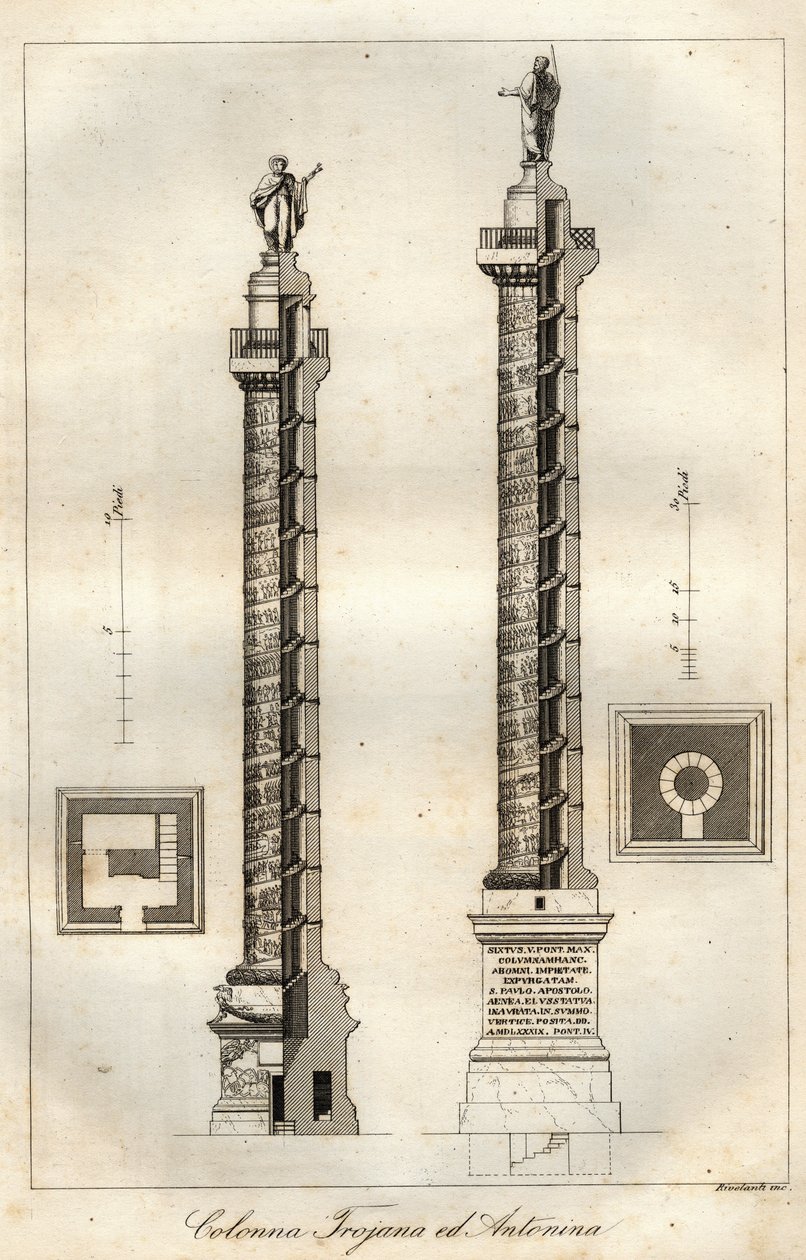 Ett tvärsnittsdiagram av Trajanus kolumn (Trajanus kolumn) (113 e.Kr.) och kolumn av Antoninus Pius (161 e.Kr.) i Rom - gravyr från "Användningar och seder hos alla folk i universum. Det är historien om regeringen, om lagarna, om milisen, om din religion av Italian School