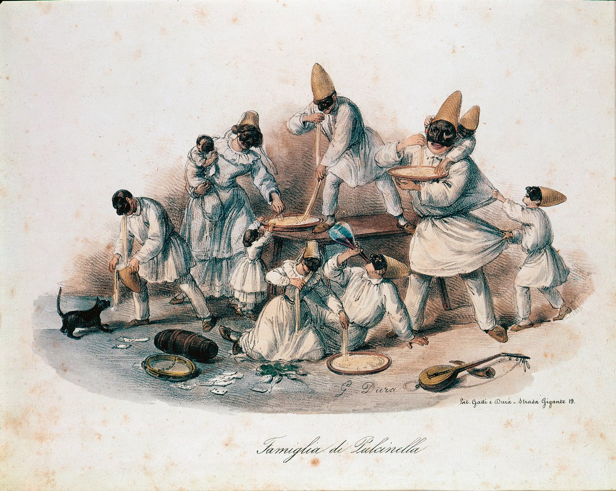 En familj av pulcinella (polichinelle) karaktär av commedia dell