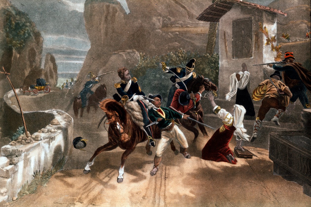 En kamp mellan brigander och påvens carabinieri (dragoni) på Sardinien, Italien. 1800-talet av Italian School