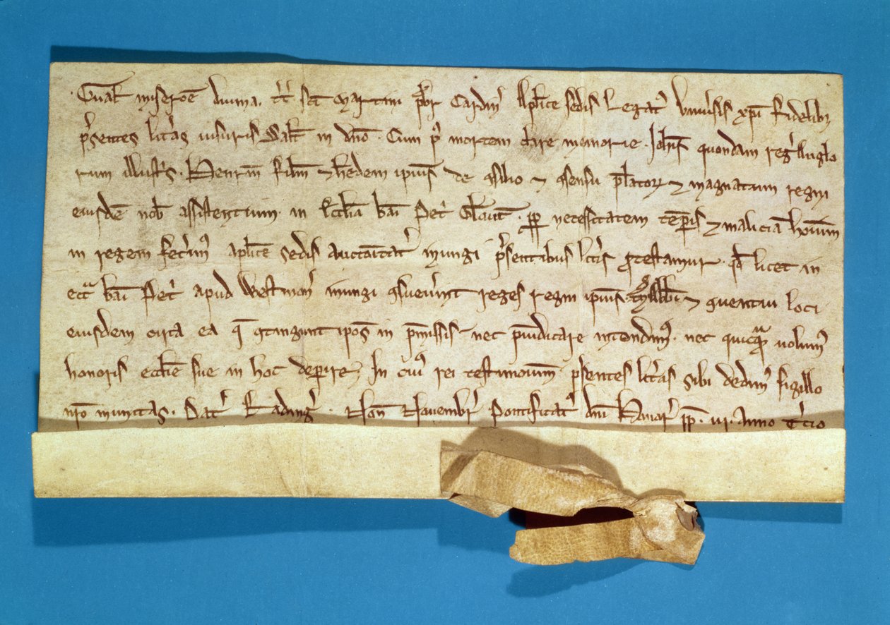 En formell protest mot smörjningen av Henrik III (1207-72) i Gloucester, skriven av den påvliga legaten, kardinal Gualo, 1218. av Italian School