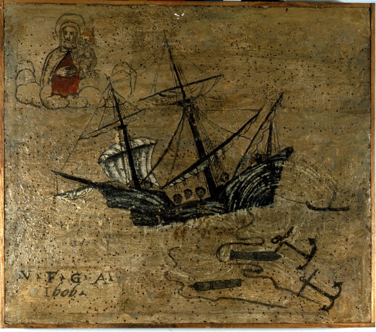 En galjon kastar ankare och två kanoner för att släppa lös under en storm. Ex voto de 1610 del l