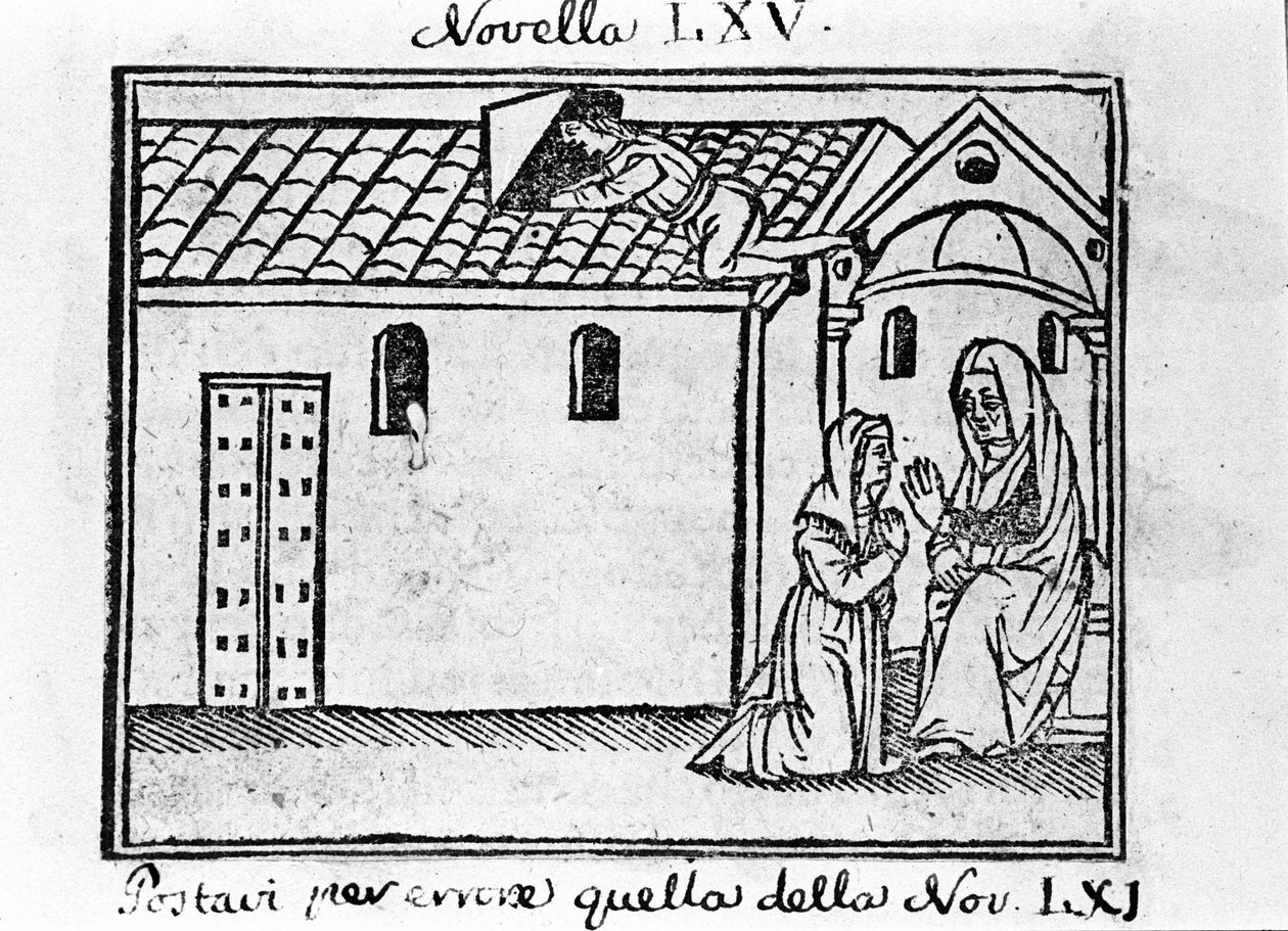 En svartsjuk man avsäger sig sig själv som präst för att samla in sin äktenskapliga hustrus bekännelse. Illustration för nyheterna 65 (ny 5 av den sjunde dagen) av "Decameron"" av Giovanni Boccaccio dit Jean Boccaccio (1313-1375), italiensk författare. Gra av Italian School