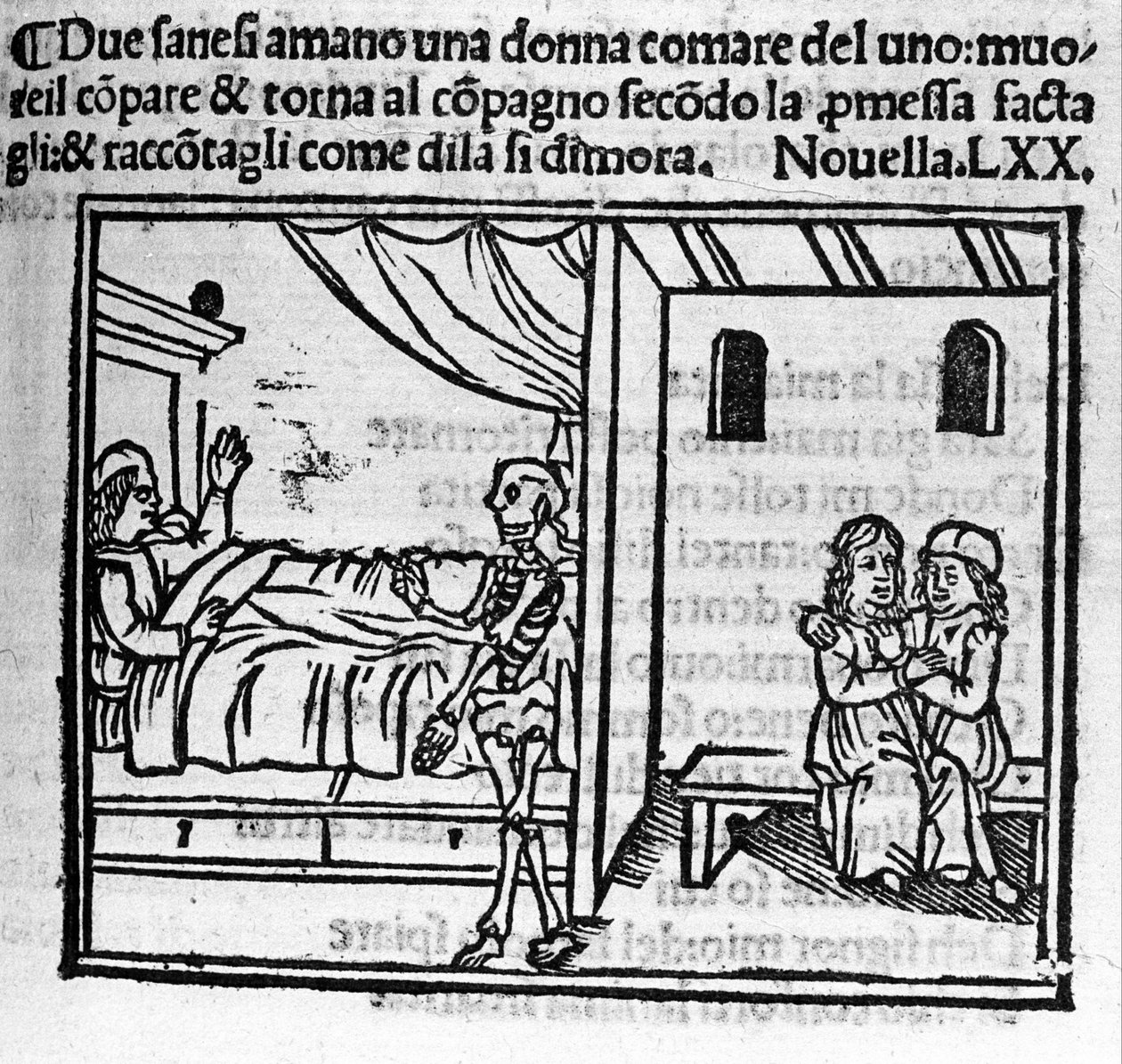En man som är kär i sin väns fru ersätter honom i äktenskapet när han dör. Illustration för nyheterna 70 (Nyheter 10 av den sjätte dagen) av "Decameron"" av Giovanni Boccaccio dit Jean Boccaccio (1313-1375), italiensk författare. Gravyr i "" Decame av Italian School