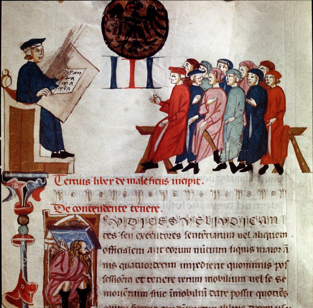 En man av makt håller monterad detalj. Miniatyr hämtad från "" Breve Populi et Compagniarum Pisani Communis"" (stadgar för staden Pisa) 1300-1308 Pisa Archives of Statyers av Italian School
