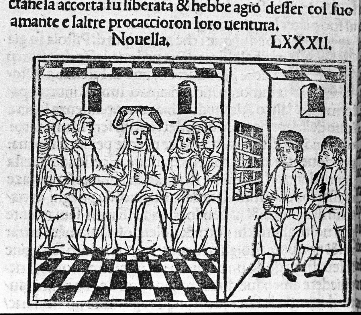 En berättelse om en nunnas kärlek. Illustration för nyheterna 82 (Ny 2 av den nionde dagen) av "Decameron"" av Giovanni Boccaccio dit Jean Boccaccio (1313-1375), italiensk författare. Gravyr i "" Decamerone ouer Cento nouelle"" Venedig, Bartolomeo de 
