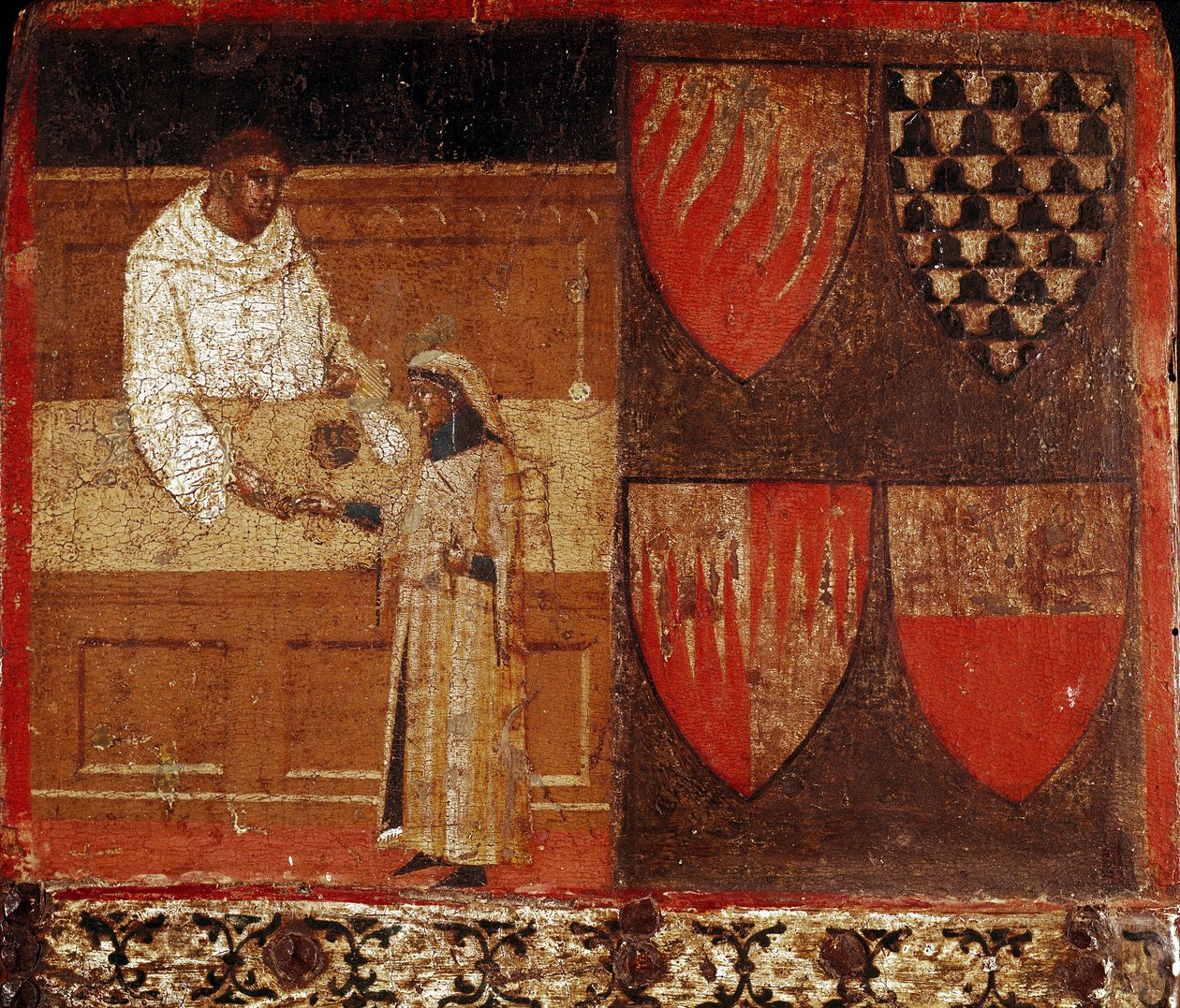 En skatteindrivare och en skattebetalare Anonym målning på trä som dekorerar en Biccherna (omslag till Sienas räkenskapsregister) från 1340. Nationalarkiv - Museo delle Tavolette de Bicherna, Siena. av Italian School
