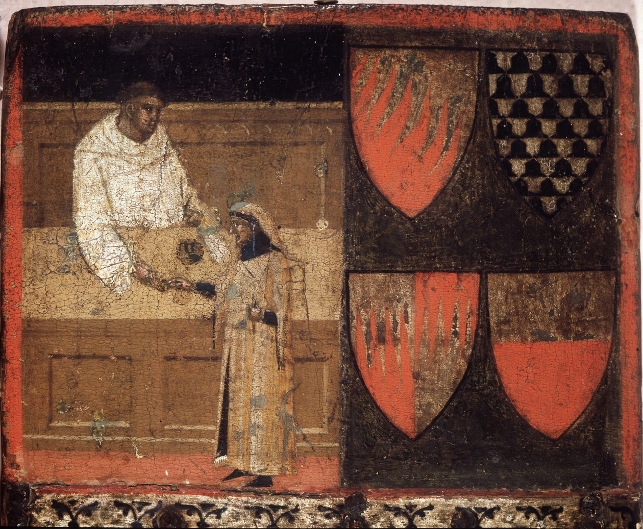 En skatteindrivare och en skattebetalare, Biccherna (omslag till Sienas stads bokföringsregister) från 1340. Nationalarkiv - Museo delle Tavolette de Bicherna, Siena. av Italian School