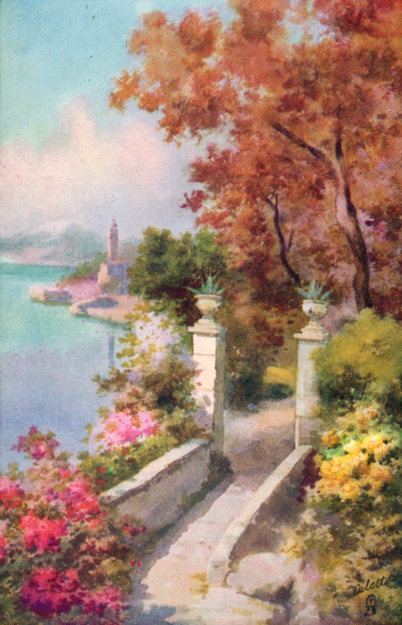 En villa vid Lago Maggiore, Italien (färglitografi) av Italian School
