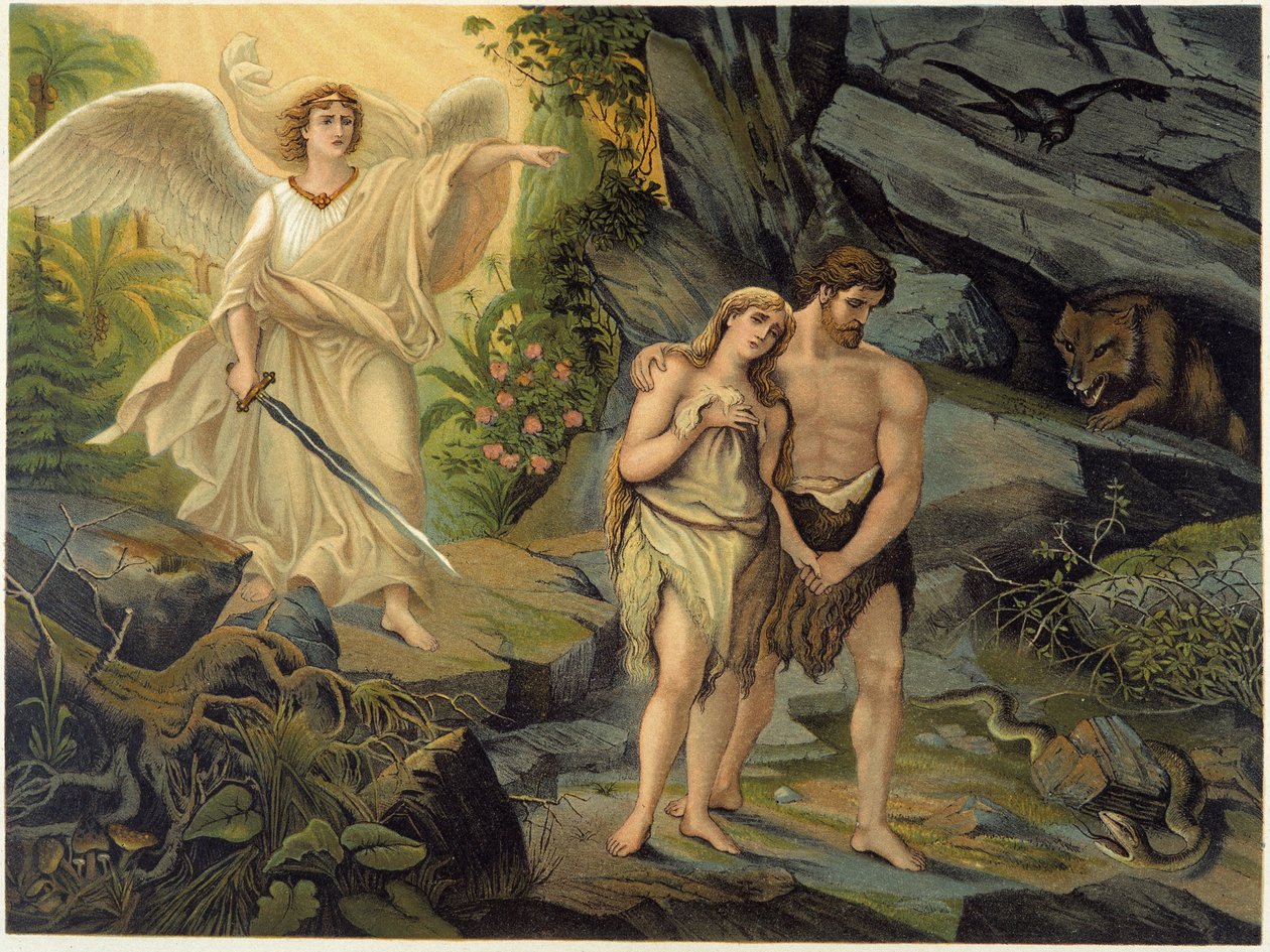 Adam och Eva jagade ut ur det jordiska paradiset (Eden) av ärkeängeln - i "" Golden Classic Bible: History of Divine Revelation in the Ancient and New Stress "" av Giovanni Ladislao Sykora (vol. 1), översatt av Don Clemente Benetti. (Italienska Bibeln av Italian School