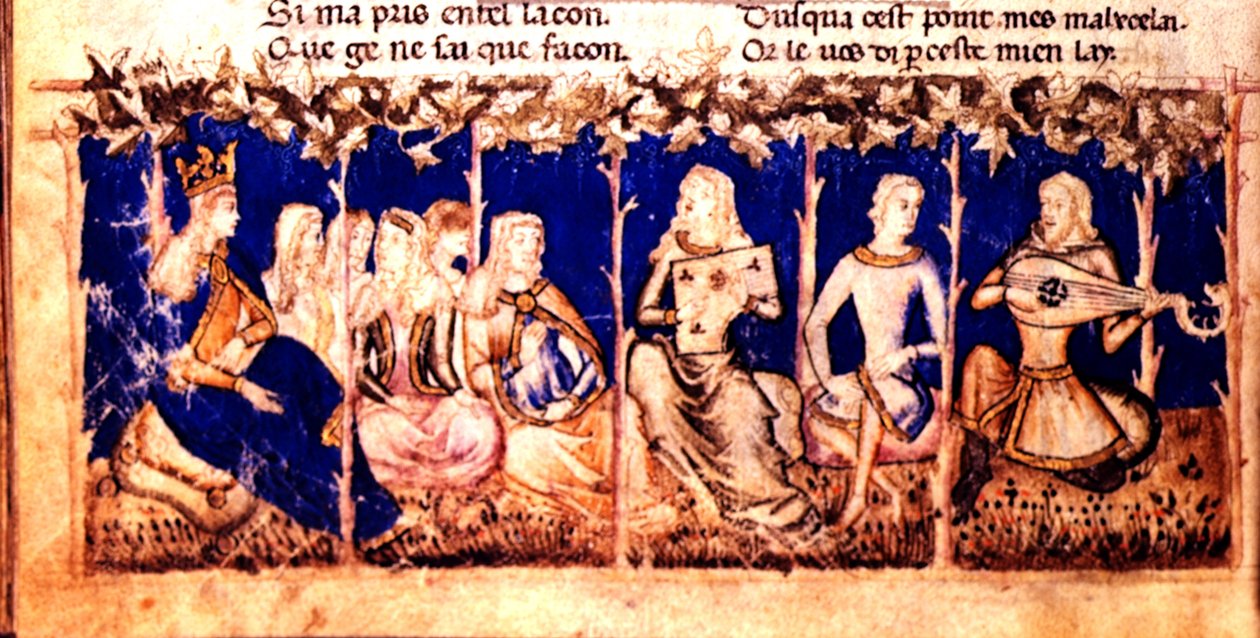 Add.12228 fol.222v En drottning lyssnar på musik, från romaren du Roy Meliadus de Leonnoys, c.1352 (vellum) av Italian School