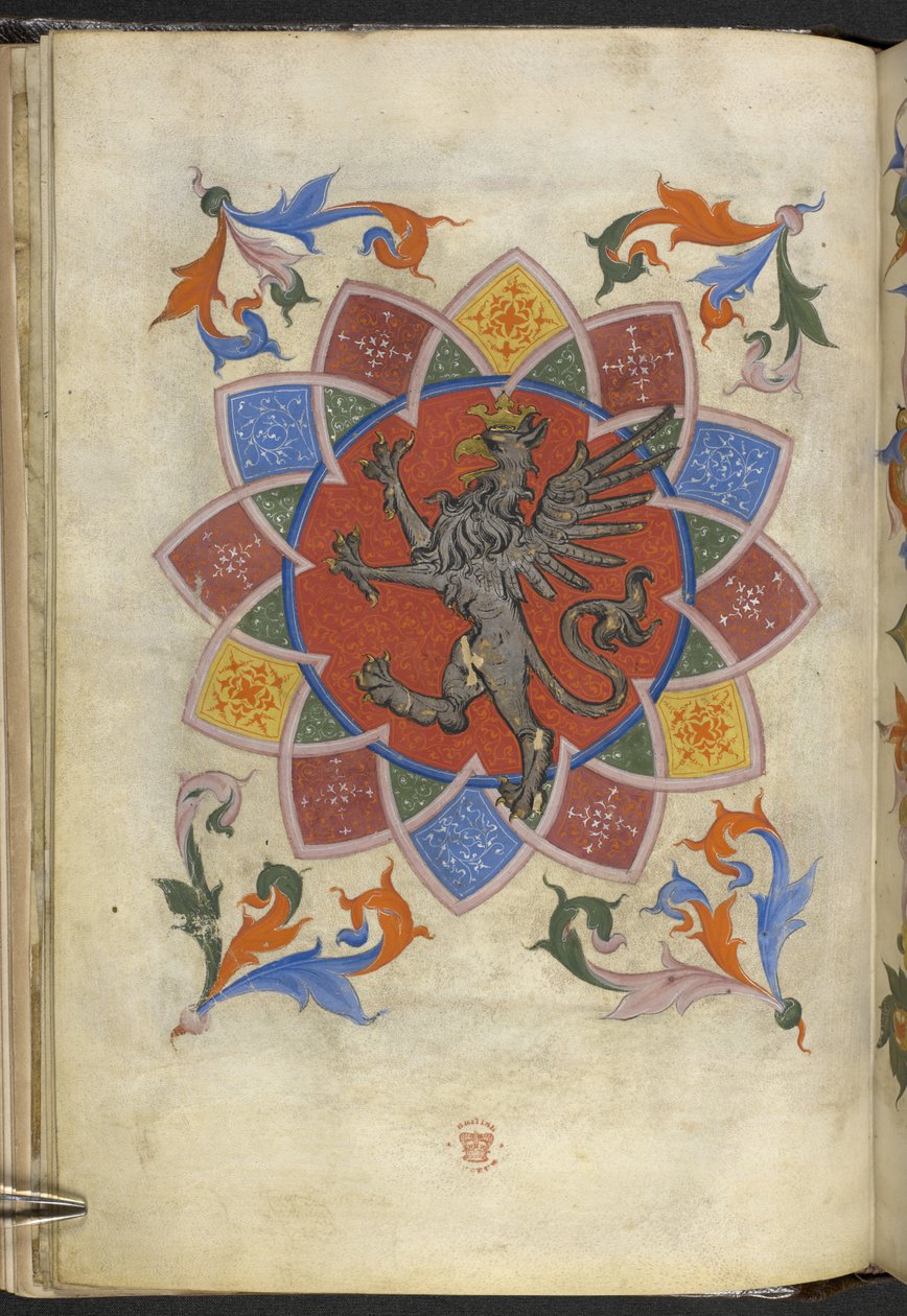 Lägg till. 21965, f.5v Heraldisk figur: A griffin, Statute of Guild of Tailors, från 