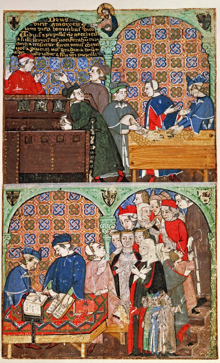 Lägg till 27695 f.8 Räkna pengar och betala löner, från Treatise on the Vices (vellum) av Italian School