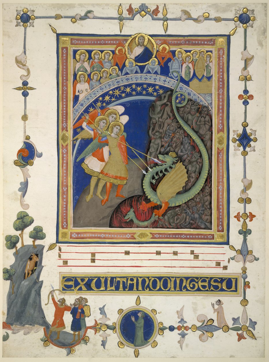 Lägg till. 35254 B St. Mikael och hans änglar i strid med draken och hans värd (vellum) av Italian School