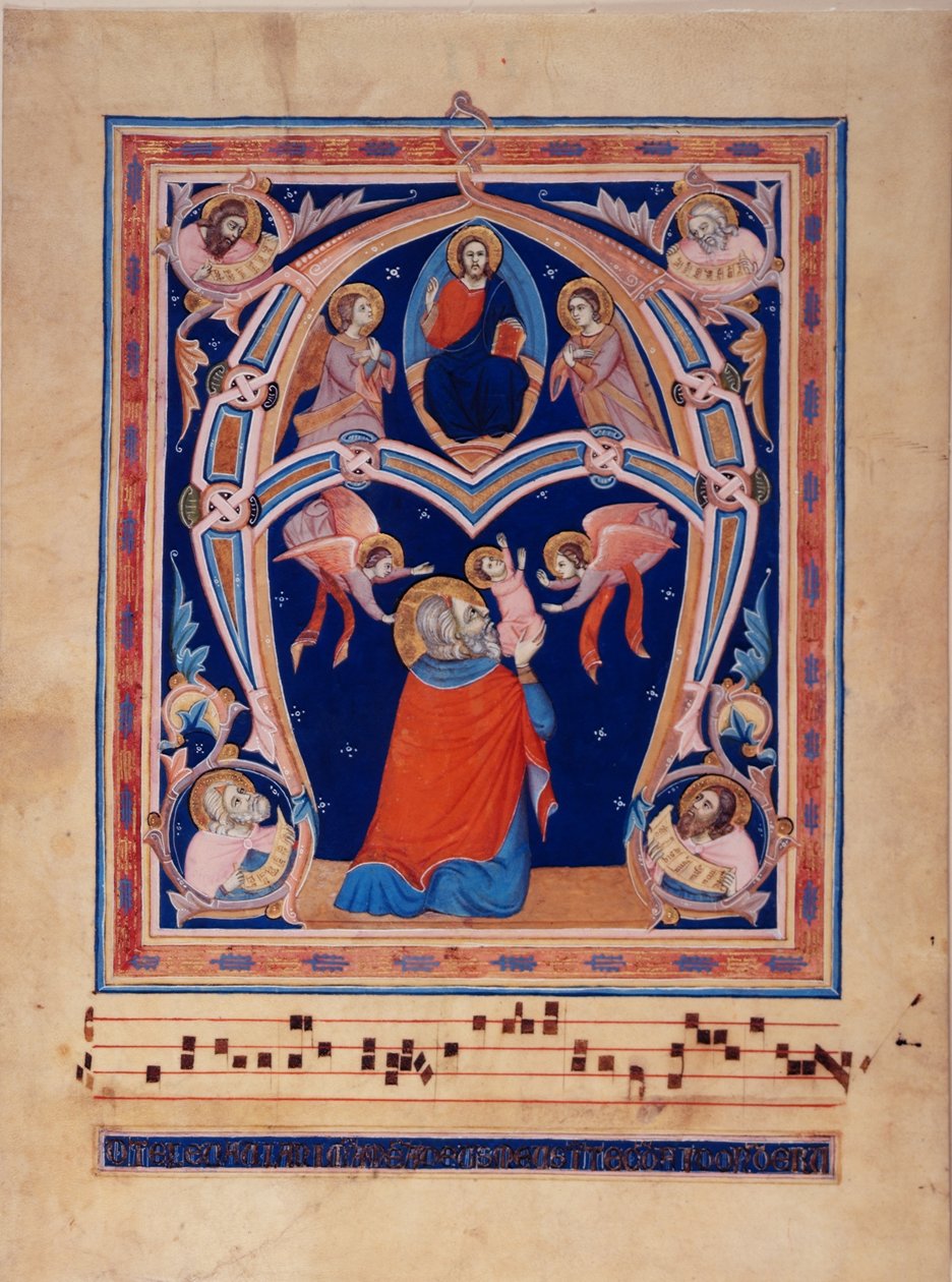 Lägg till 35254 Historikert initial "A" som visar David som offrar sin själ (vellum) av Italian School