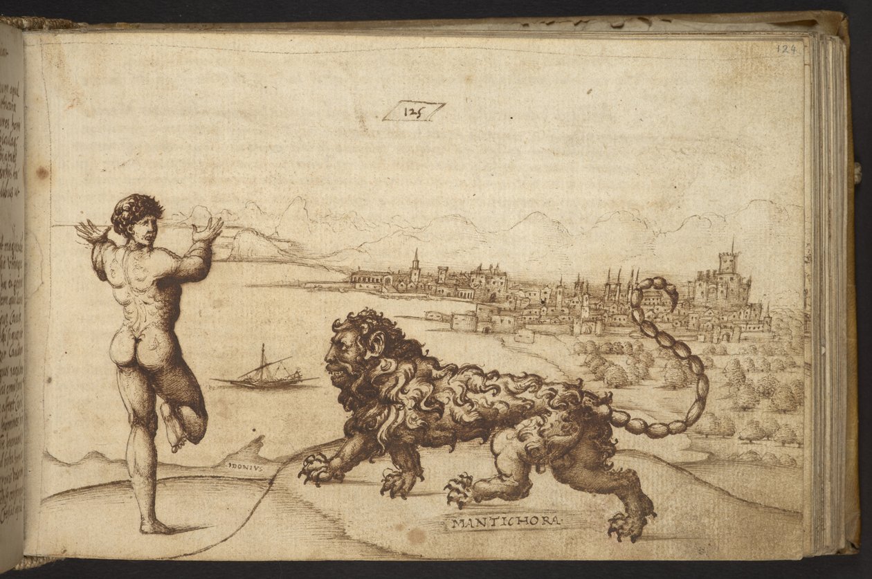 Lägg till. 82955, f.124 Människofigur och en varelse (