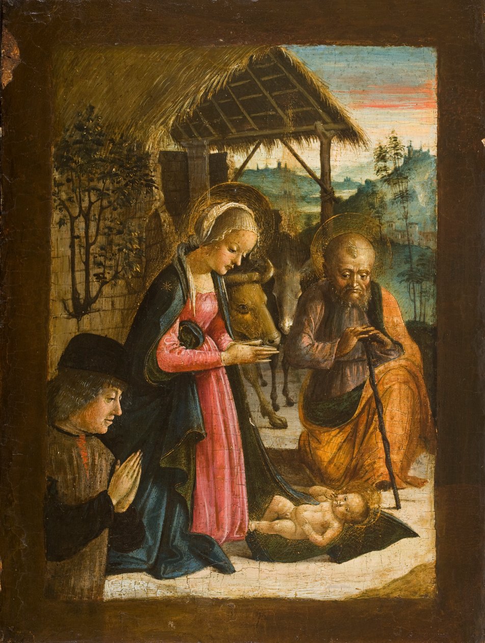 Tillbedjan av barnet med porträtt av donator, ca 1500 (tempera på panel) av Italian School