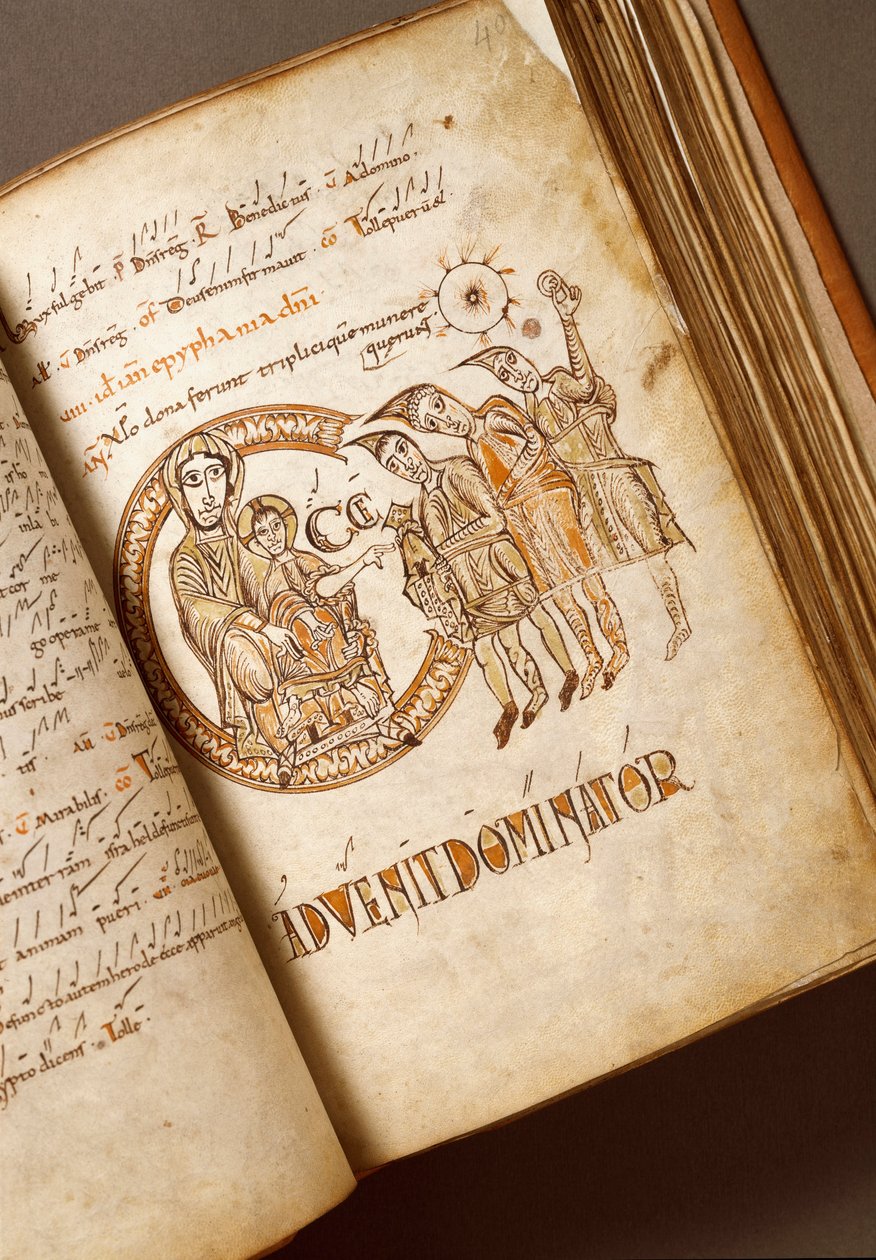 Tillbedjan av Magi-manuskriptet från Bolognesiska skolan. (Ms.123-Foglio 40 r) 1000-talets Rom, Biblioteca Angelica av Italian School