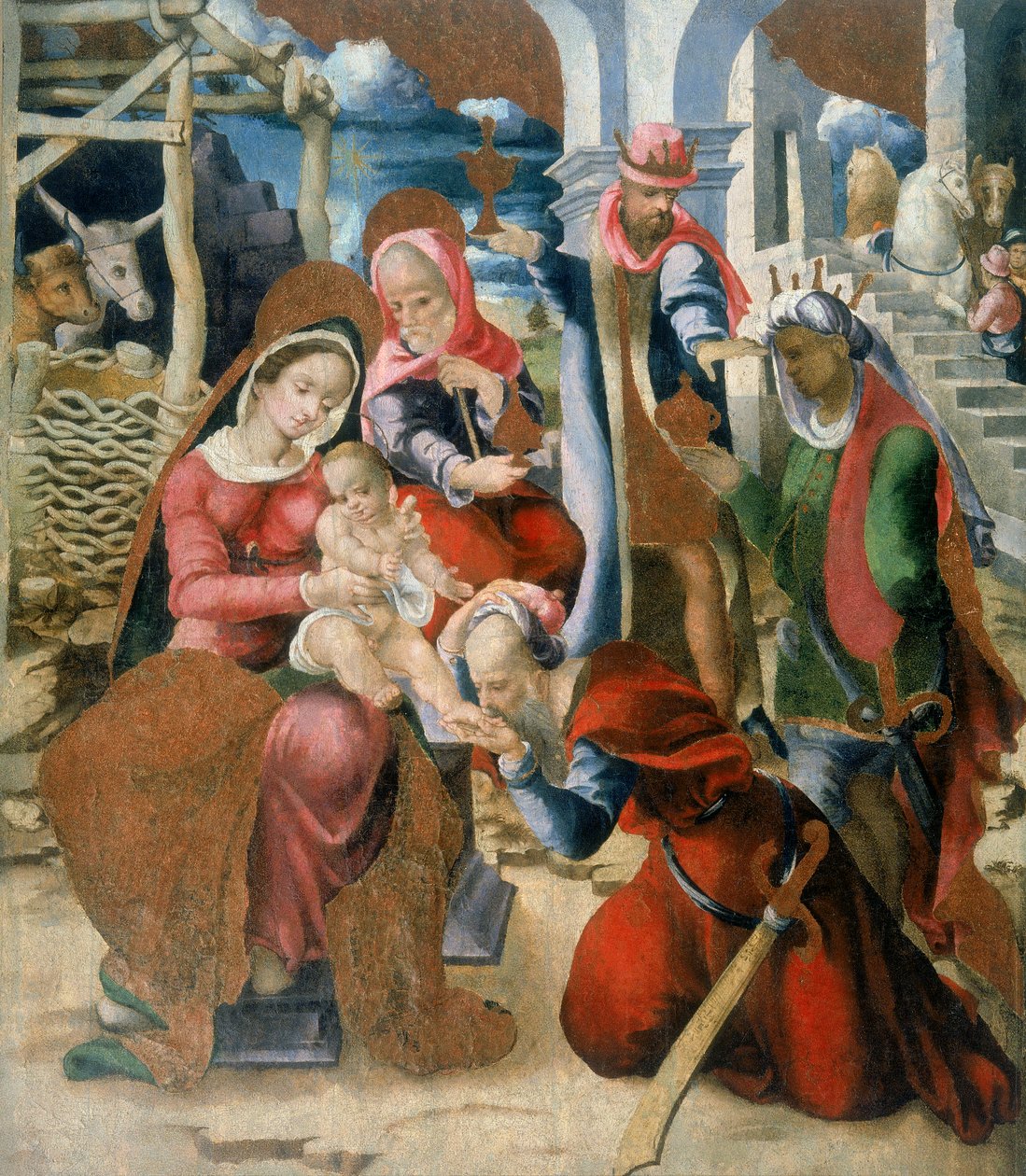 Tillbedjan av Magi. Panel, en del av den demonterade retablon av kyrkan Santa Maria degli Angeli i Bortigali, Sardinien av Italian School
