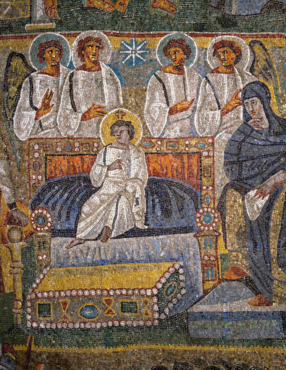 Tillbedjan av Magi, detalj av Kristus omgiven av änglar (mosaik) av Italian School